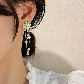 Flower Chain Asymmetrical Alloy Dangle Earring 1 Pair - Gold - One Size