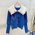 Faux Pearl Collared Cardigan Blue - One Size