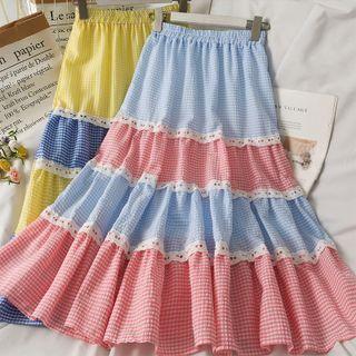 Patchwork Lace-trim Checker Midi Skirt