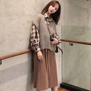Set: Plaid Shirt + Knit Vest + Knit Pleated Skirt