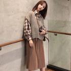 Set: Plaid Shirt + Knit Vest + Knit Pleated Skirt