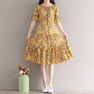 Tasseled Floral Tiered Chiffon Dress