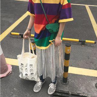 Elbow-sleeve Striped T-shirt / Accordion Pleat Midi Metallic Skirt