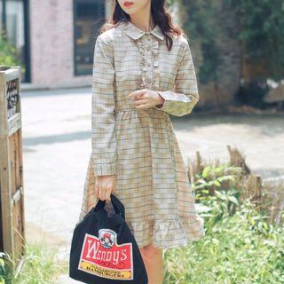 Plaid Frilled Trim Long-sleeve A-line Dress