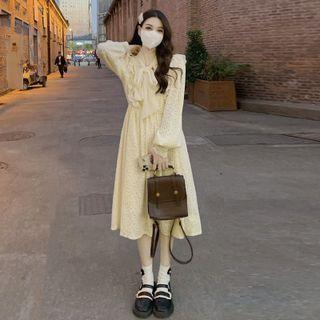 Long-sleeve Tie-neck Midi A-line Lace Dress Almond - One Size