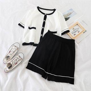 Set: Short-sleeve Knit Top + High-waist Wide-leg Shorts