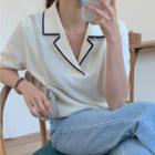 Lapel Color Block Short Sleeve Knitted Top