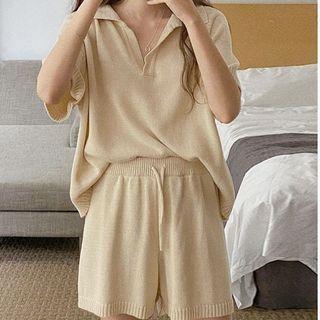 Set: Short-sleeve Collared Knit Top + Shorts