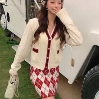 Set: V-neck Knit Cardigan + Argyle Skirt