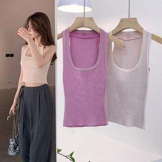 Halter Scoop Neck Plain Knit Crop Tank Top