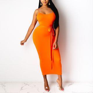Plain Lace-up Spaghetti-strap Midi Dress