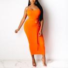 Plain Lace-up Spaghetti-strap Midi Dress