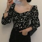 Floral Print Puff-sleeve Blouse Black - One Size