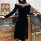 Mock Turtleneck Long-sleeve Mesh Panel Midi A-line Velvet Dress