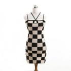 Strappy Checkerboard Knit Mini Bodycon Dress