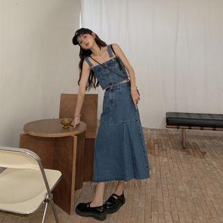 Washed Denim Button-up Tank Top / High-waist Washed Pleated A-line Mini Skirt