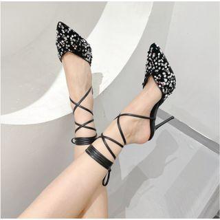 Pointed Sequined Lace Up High Heel Sandals
