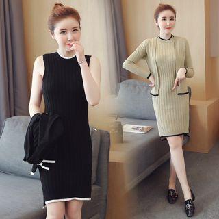 Set: Sleeveless Rib Knit Dress + Cardigan
