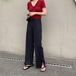 Plain Side-split Wide Leg Pants