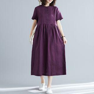 Plain Short-sleeve Buttoned Midi Dress