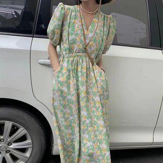 Puff Sleeve V-neck Floral Print Midi A-line Dress