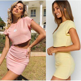 Set: Short Sleeve Flower Embroidery Crop Top + Mini Skirt