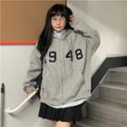 Number Embroidered Hooded Zip Jacket Light Gray - One Size