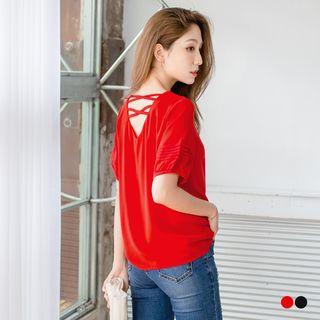 Lace Sleeve X Criss Cross Back Dolman Top