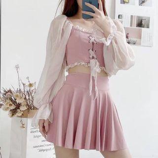 Set: Long-sleeve Lace-up Tankini Top + Swim Skirt