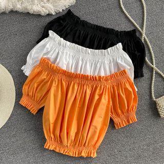 Off-shoulder Plain Ruffle Tie-waist Skinny Crop Top