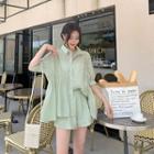 Set: Plain Elbow-sleeve Shirt + Shorts
