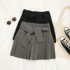 Tie-waist Plain Mini Pleated Skirt