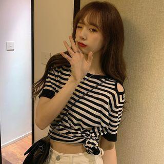 Striped Cut-out Short-sleeve T-shirt