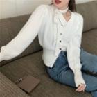 Long-sleeve Plain Button-up Sweater White - One Size