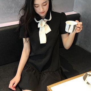 Short-sleeve Collared Tie-neck Mini Dress Black - One Size