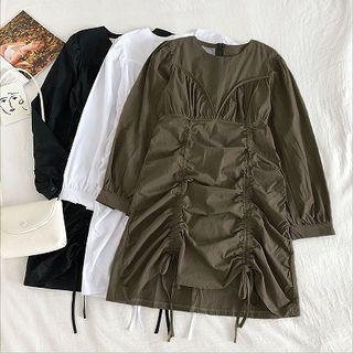 Plain Crewneck Drawcord Long-sleeve Dress