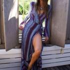 Long-sleeve Ethnic V-neck Slit Dress