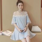 Elbow-sleeve Sheer Panel A-line Dress
