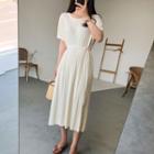 Round-neck Pleated Knit Dress With Sash