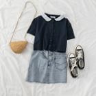 Contrast Collar Cropped Short Sleeve Shirt Navy Blue - One Size