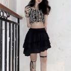 Short-sleeve Floral Lace Crop Top / Tiered Mini Skirt