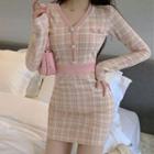 Long-sleeve Plaid Mini Bodycon Dress Plaid - Pink - One Size