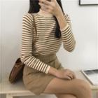 Semi Turtle-neck Stripe Long-sleeve Knitted Top