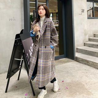 Plaid Double Breasted Long Coat Plaid - One Size