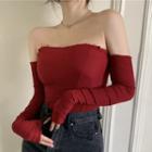 Off-shoulder Fluffy T-shirt Wine Red - One Size
