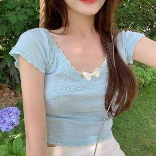 Short-sleeve Lace Trim Bow-detail Top