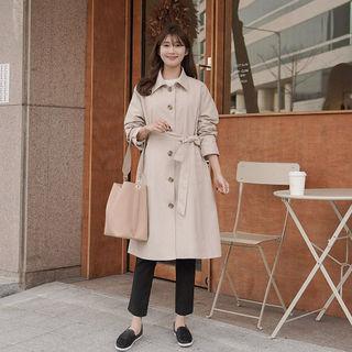Plaid-trim Single-breasted Trench Coat With Sash