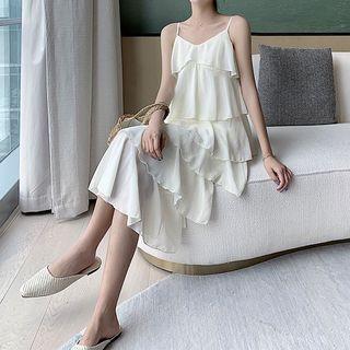 Spaghetti Strap Ruffle Trim Layered Midi A-line Dress
