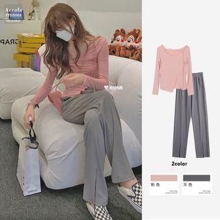 Long-sleeve Irregular T-shirt / Slit-hem Straight Leg Pants