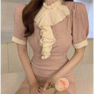 Color-block Ruffle Short-sleeve Dress
